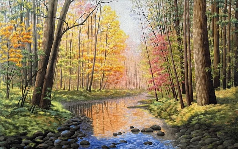 Autumn Reflections by the Creek – handmade silk embroidery