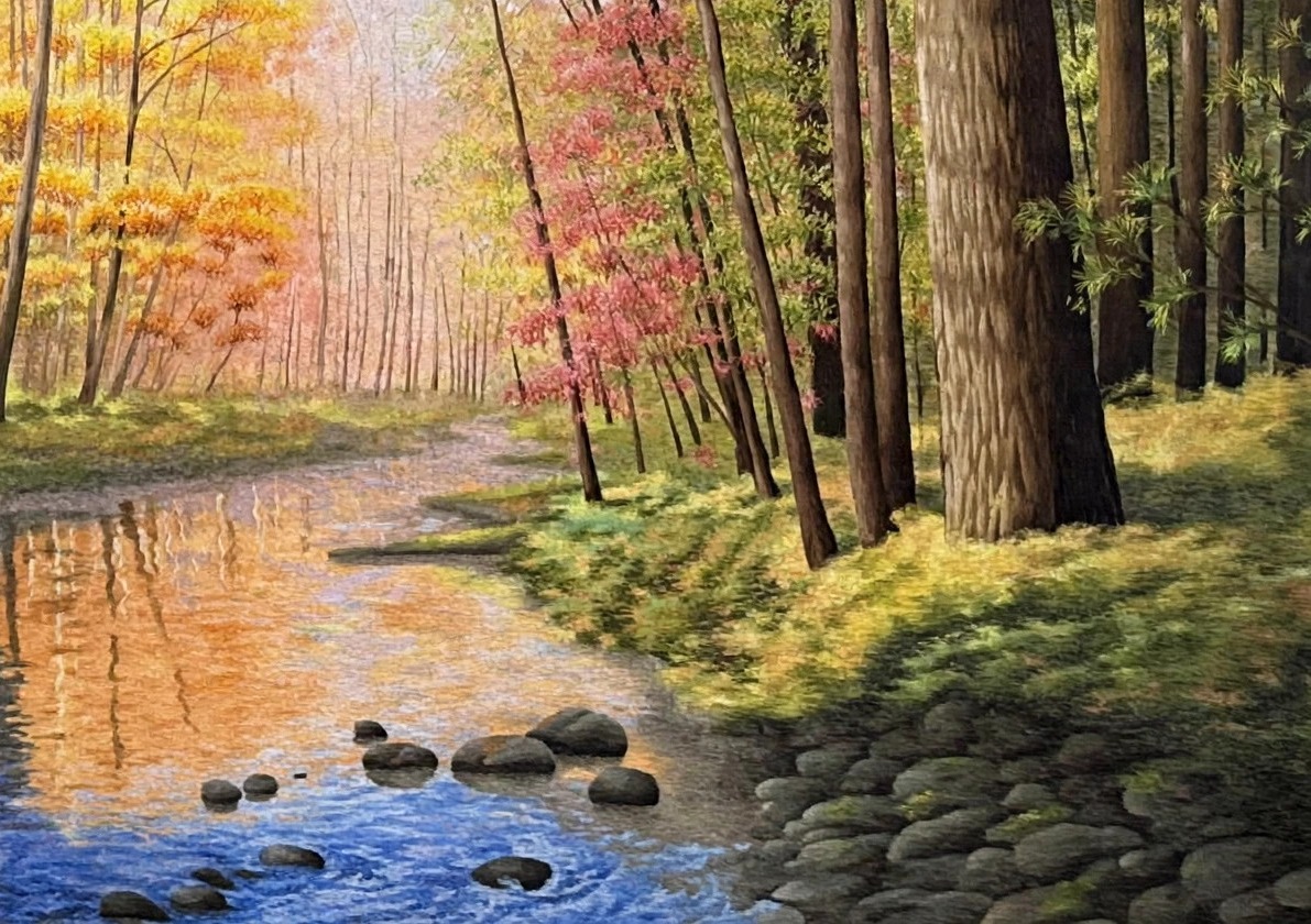 Autumn Reflections by the Creek – detail, handmade silk embroidery