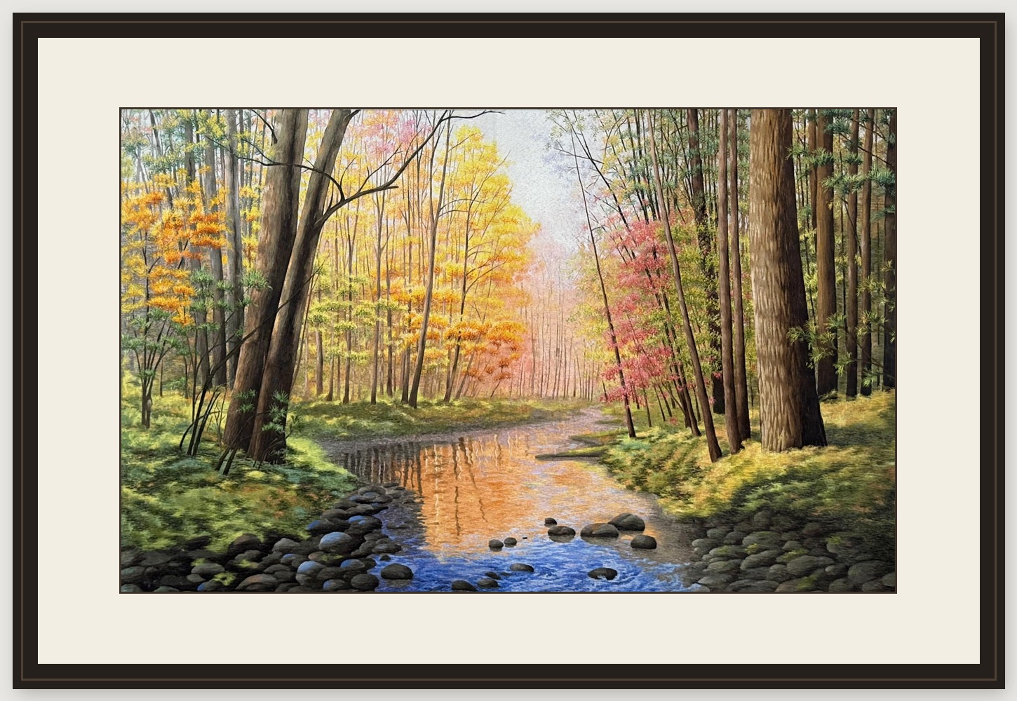 Autumn Reflections by the Creek – handmade silk embroidery