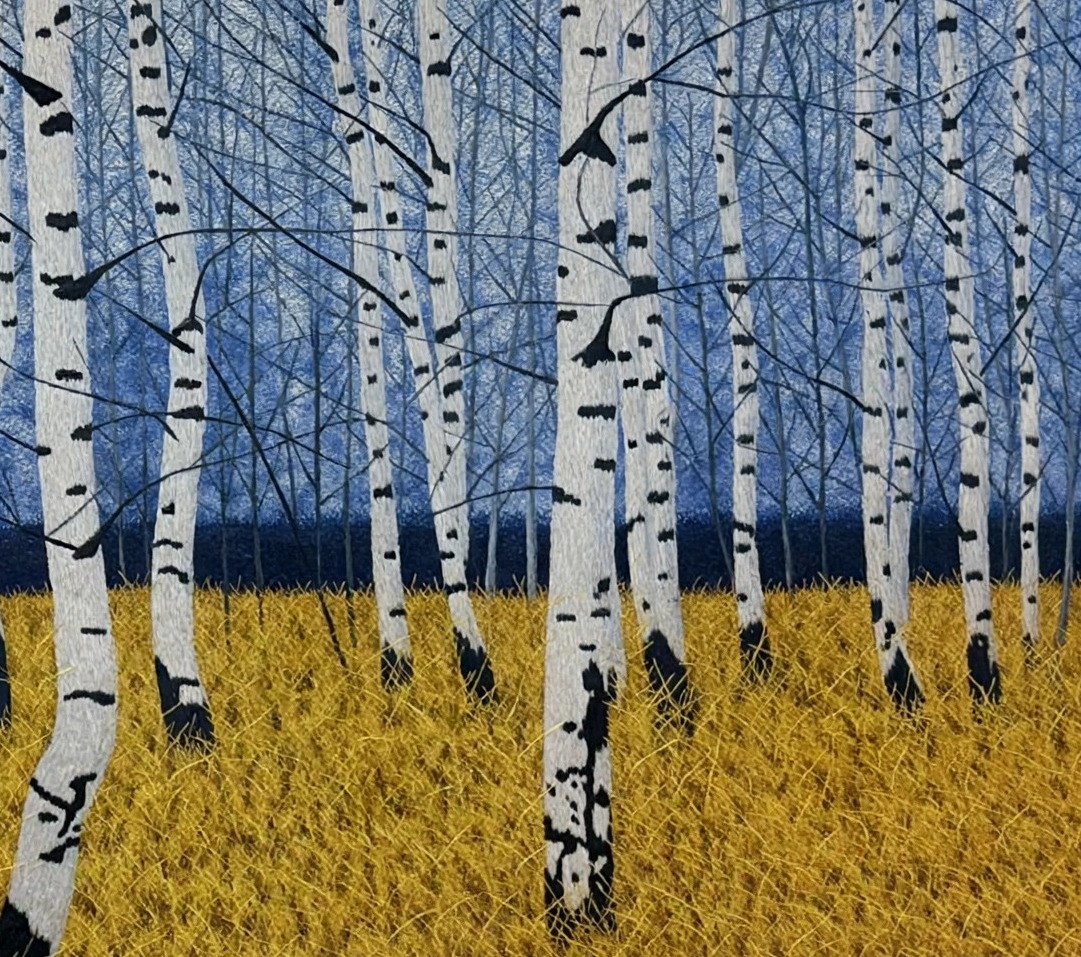 The White Birch Forest — close-up detail of the hand embroidery