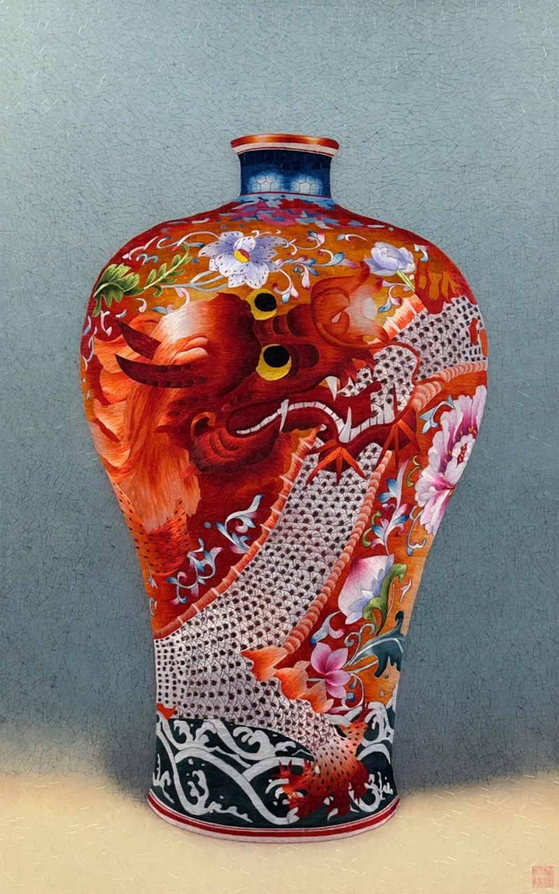 Imperial Dragon Vase – handmade silk embroidery