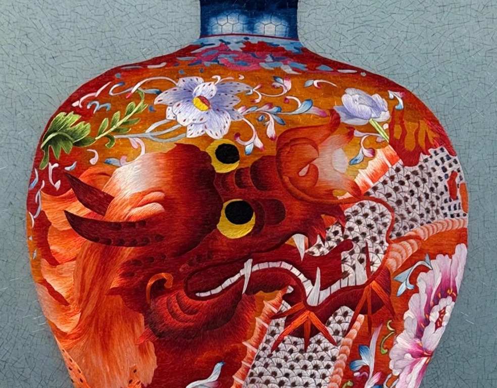 Imperial Dragon Vase – detail, handmade silk embroidery