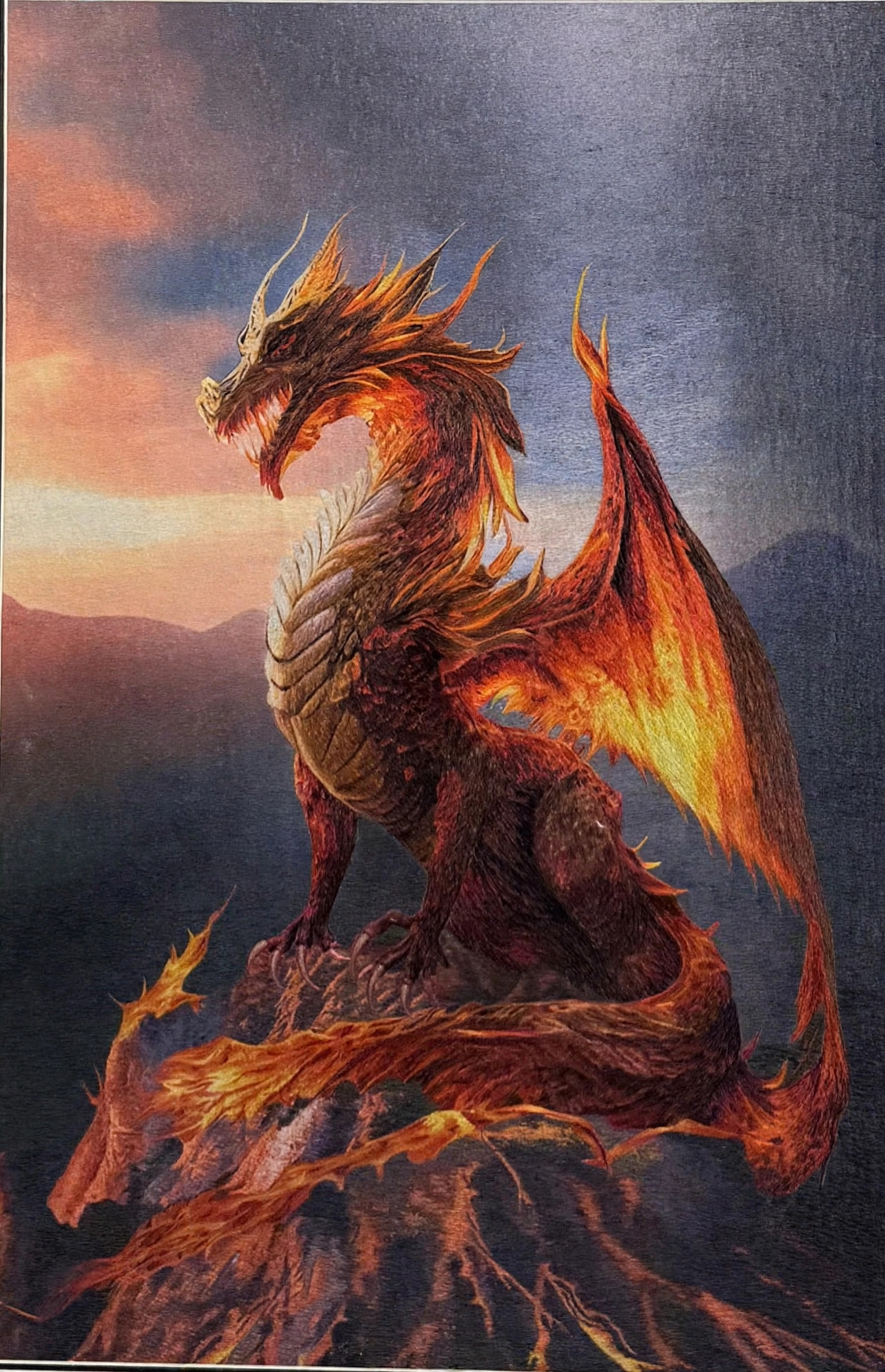 The Fire Dragon — hand-embroidered silk artwork (image only)