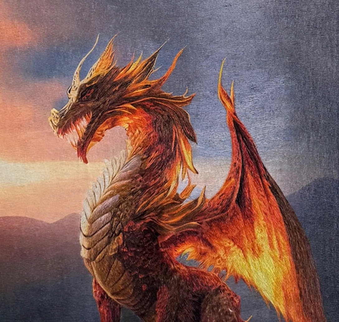 The Fire Dragon — close-up detail of the hand embroidery