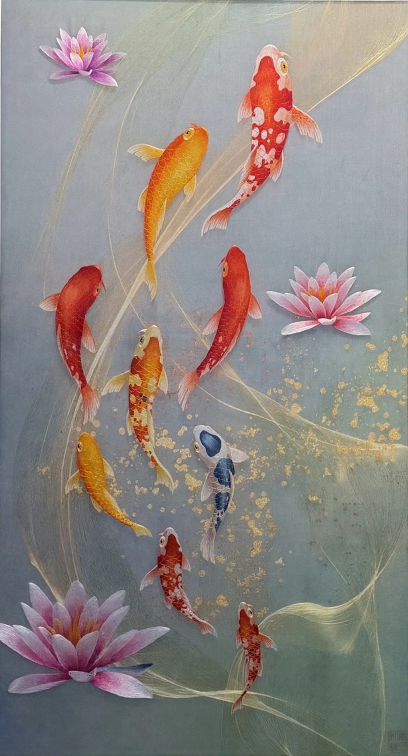 Harmony of Nine Koi – handmade silk embroidery