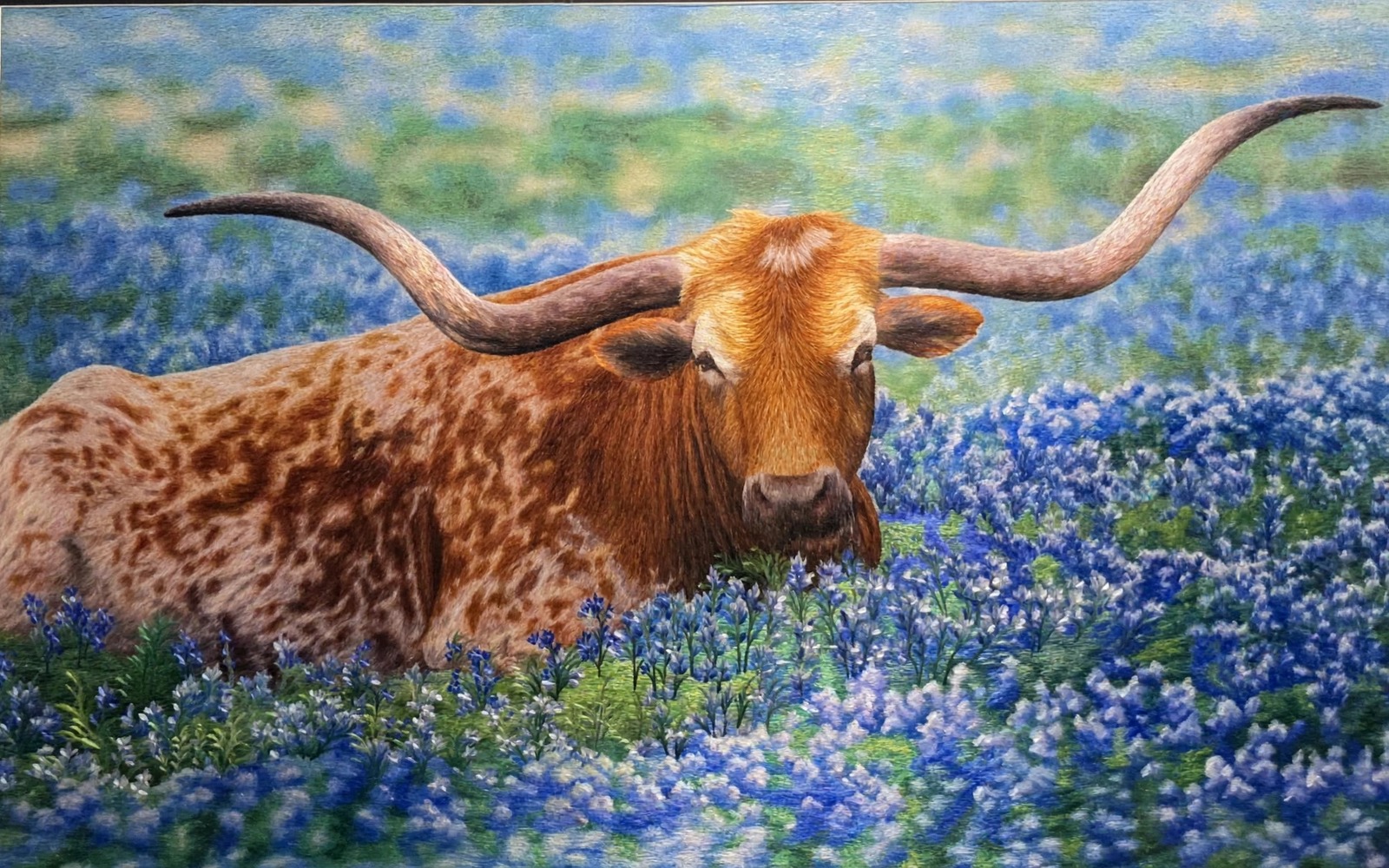 Texas Longhorn in Bluebonnets – handmade silk embroidery