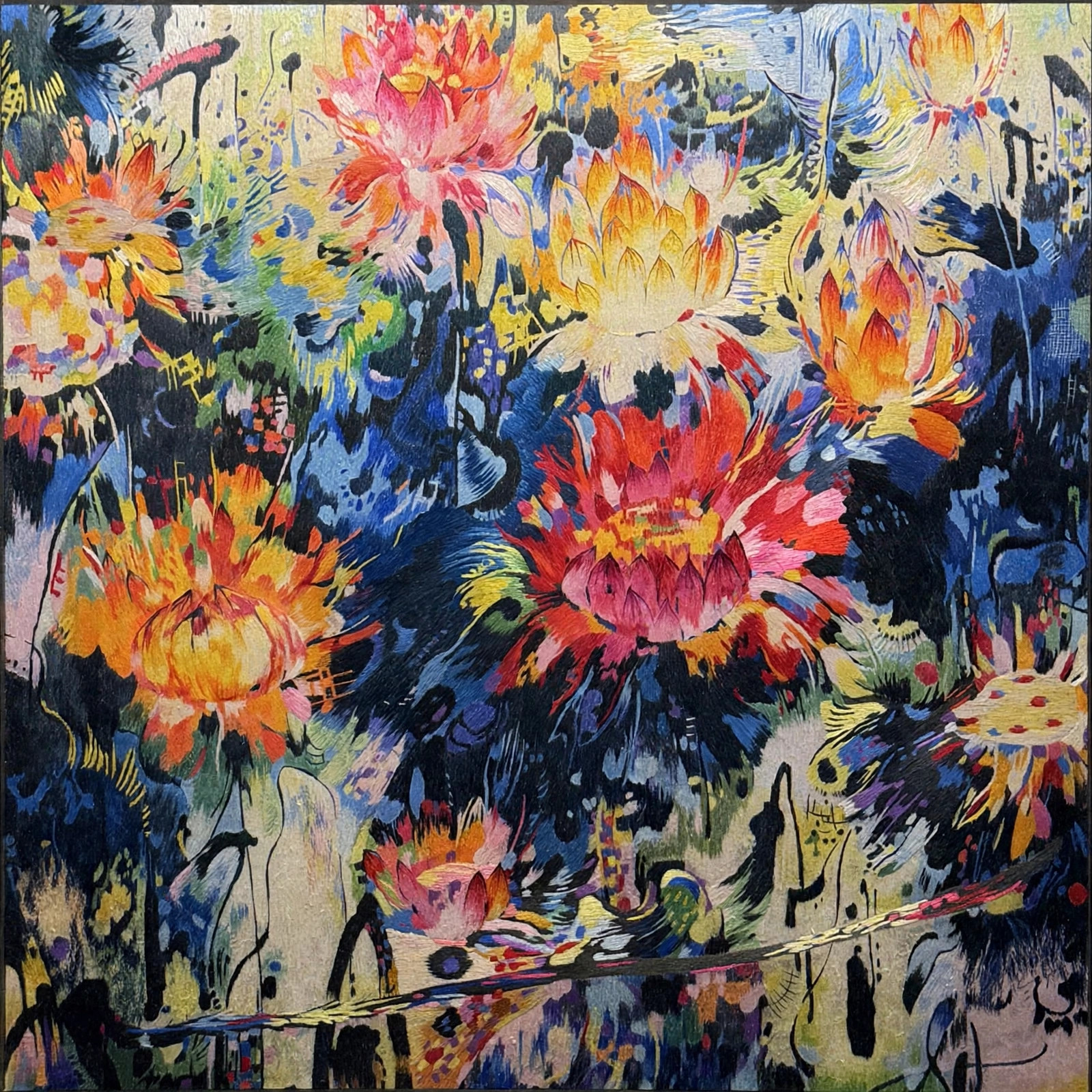 Blooming Chaos — hand-embroidered silk artwork (image only)
