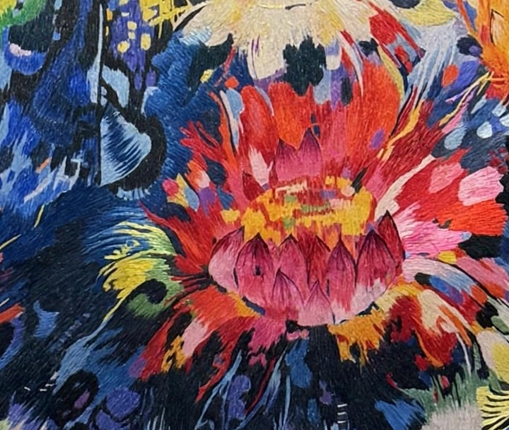 Blooming Chaos — close-up detail of the hand embroidery