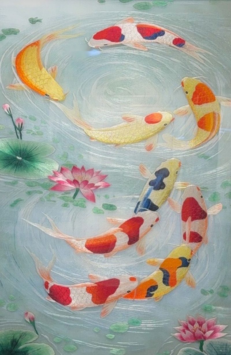 The Dance of Nine Koi – handmade silk embroidery