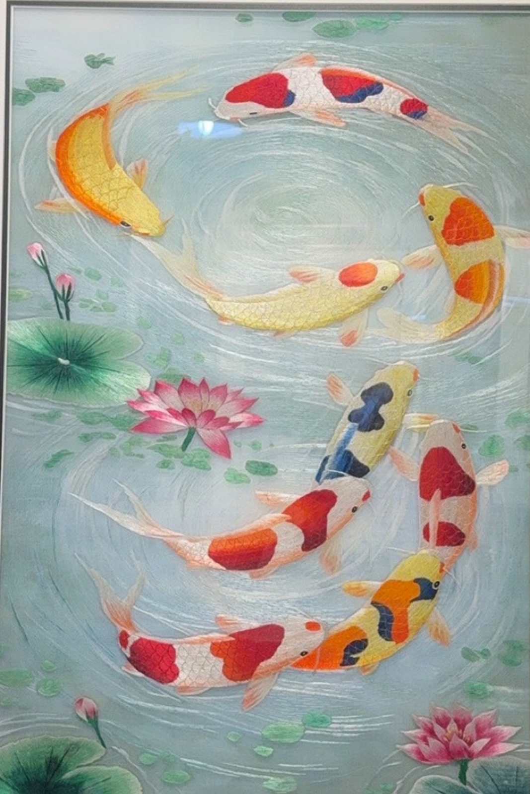 The Dance of Nine Koi – handmade silk embroidery