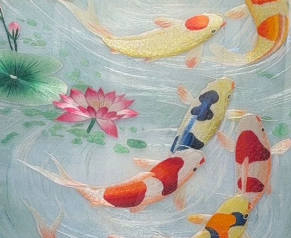 The Dance of Nine Koi – detail, handmade silk embroidery
