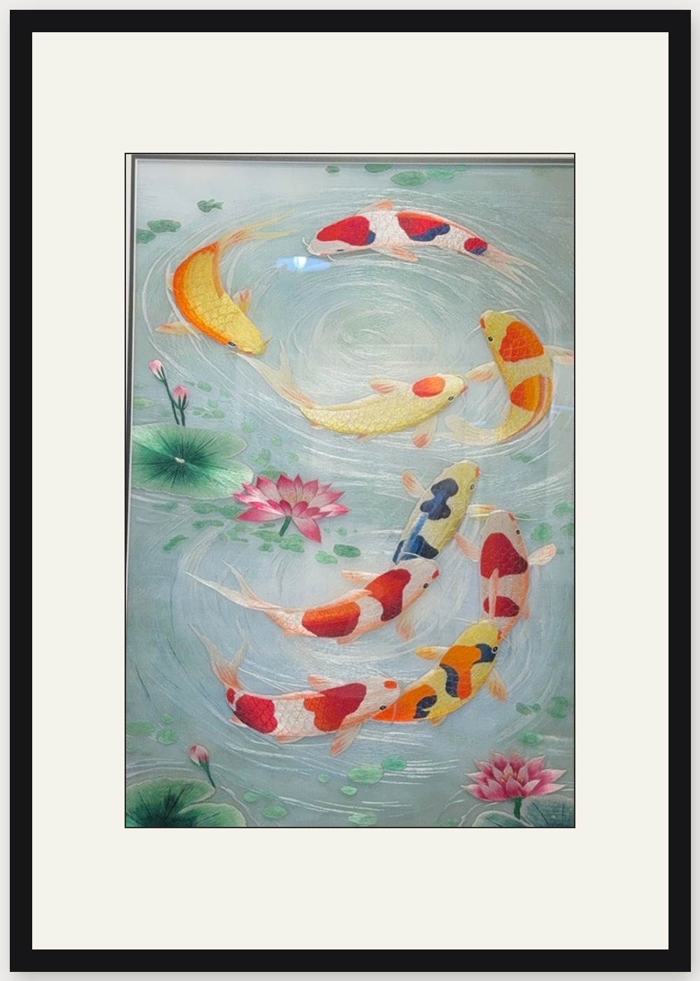The Dance of Nine Koi – handmade silk embroidery